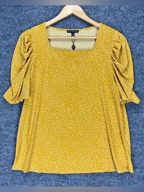Adrianna Papell Blouse Women Large Yellow Polka Dot Ruffle Short Sleeve NWT